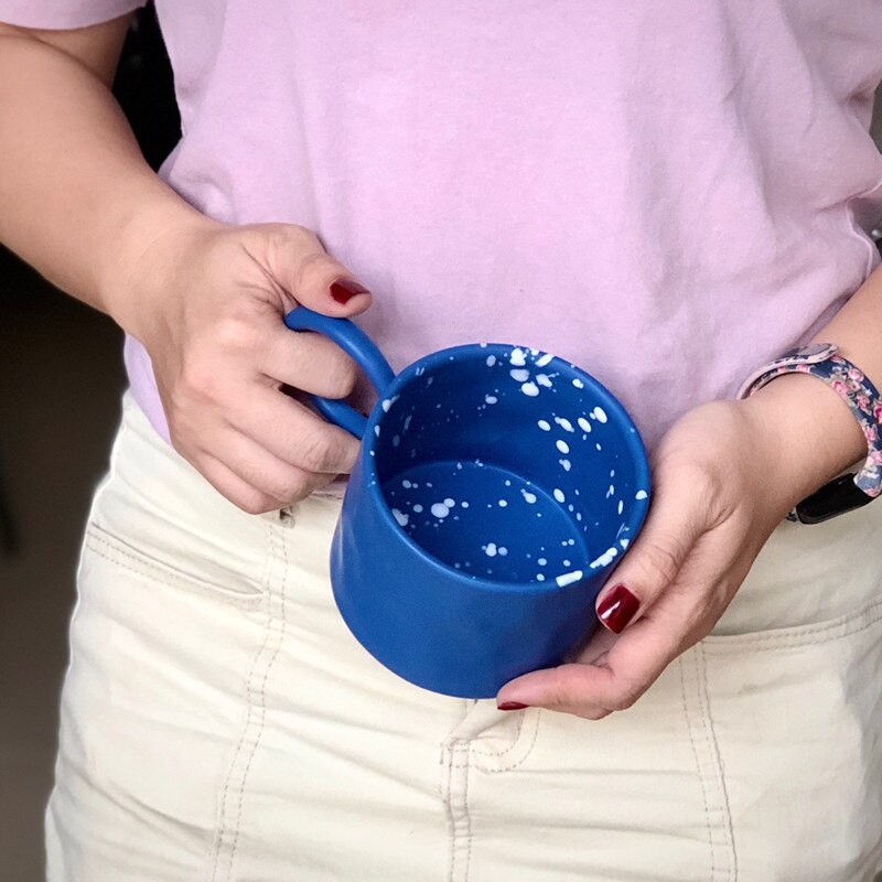 Coffee mug with large handle, Blue/white ceramic mug with dots, hand creased milk mug